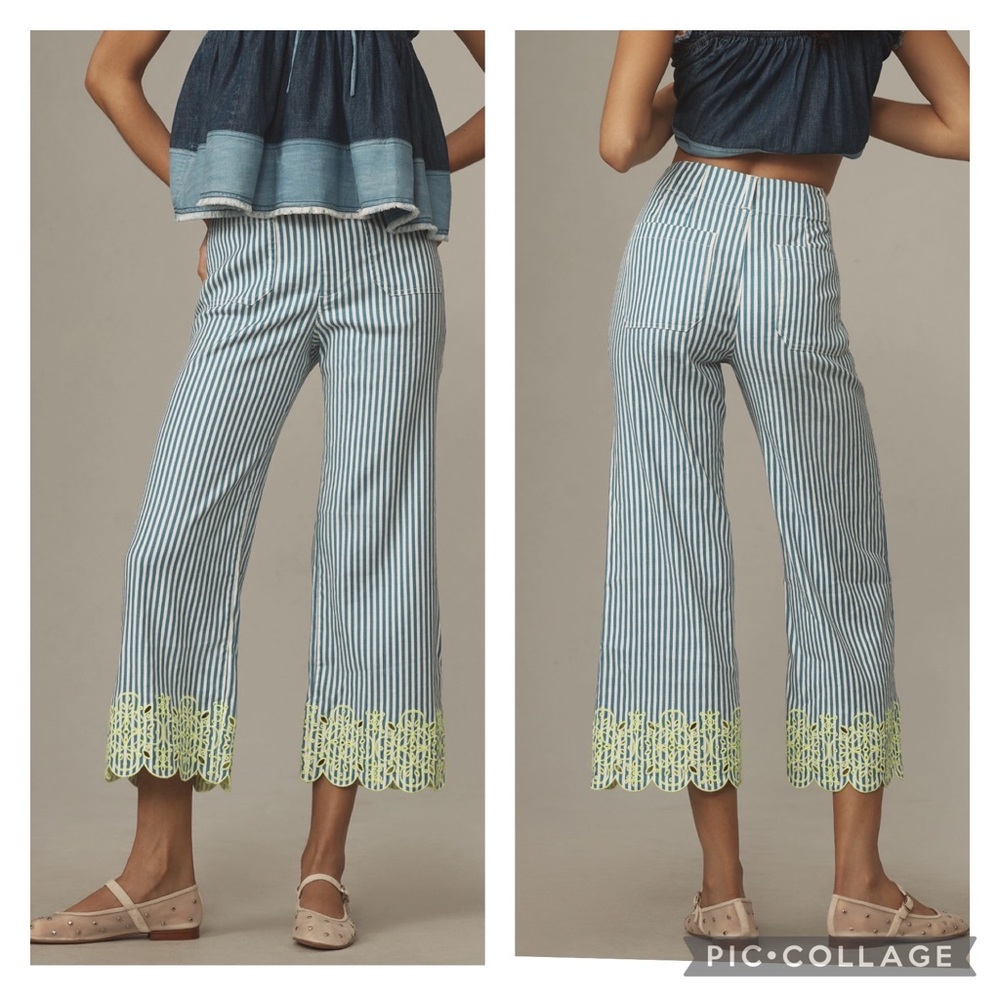 Anthropologie Blue and Green Striped Wide Leg Pants